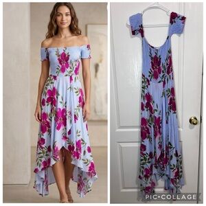 Olivaceous Light Blue Floral Off-Shoulder High-Low Dress